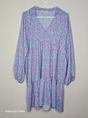 Umgee Teal and Hot Pink Abstract Print Dress